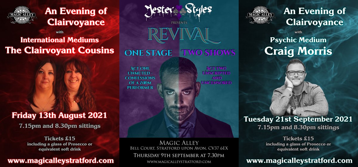 We have a number of evening events coming up over the next couple of months featuring The Clairvoyant Cousins, <a href="/Jester_Styles/">Jester Styles</a> and <a href="/PsychicCraig/">Craig Morris Psychic Medium 🔦</a> we do hope you can join us!
magicalleystratford.com/evening-events/