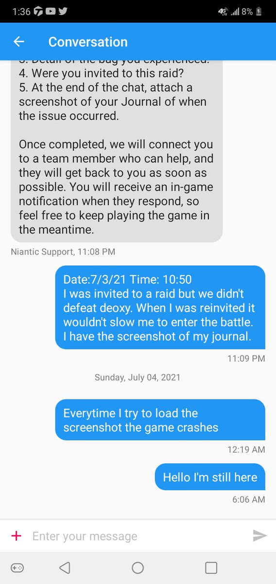 Roadrunnerx10's tweet photo. @NianticHelp I was invited to a deoxy raid but we were unable to defeat it. I was given the stardust as a reward and kicked out. Once I was reinvited to the raid to continue the raid I wasn't allowed in even though i had already used my remote raid pass. Support hasn't answered. https://t.co/fCkkmgdsDc
