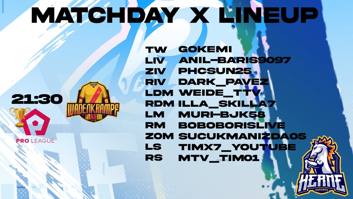 🟡🔵#Matchday🔵🟡

Nachdem wir uns in Runde 1 gegen SV BE Steimbke eFootball
mit 2:4 durchsetzten konnten und darauf gegen Eschers Erben mit 1:2 folgt heute:

🏆3. Runde ProLeague Pokal
🆚Wadenkrampf RS
⏰21:30
twitch.tv/herneesport

Auf geht´s Herne💛💙

#herne
#aufgehtsherne