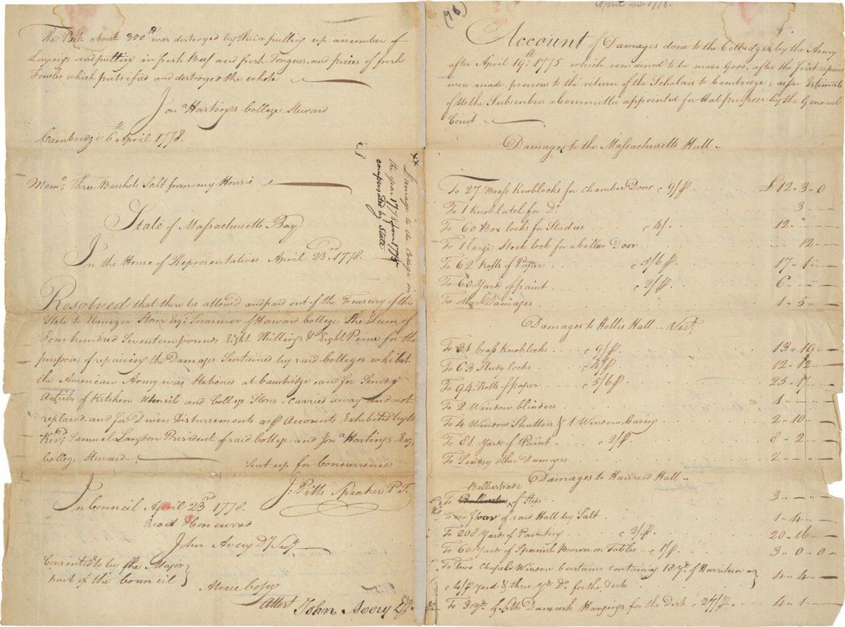 Harvard's tweet photo. During the American Revolution, students at Harvard were dismissed early and the Harvard campus was turned over to the Continental Army. This document from 1778 shows damages caused by the army, including broken locks, damaged wood, stolen doorknobs, and broken glass. https://t.co/C9osf0Tn4X