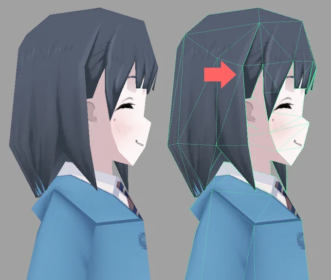 普通256△ならこんなところ一体成型にするんだけど、サイドヘアの耳かけ&上から被さるレイヤー感をなんとか再現したくて贅沢に使っちゃった。おかげで胴体のポリ数が犠牲になった。 #256fes 