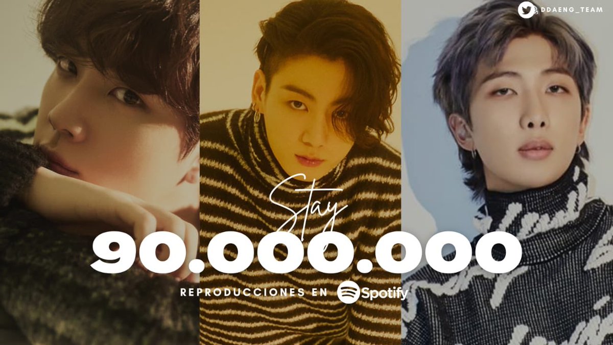 ddaeng_team's tweet photo. 'Stay' de BTS ha superado 90 Millones (+90.021.410) de reproducciones en Sp0tify.

📍https://t.co/VqXv4lx4MO…

(#PremiosMTVMIAW #MTVLAFANDOMARMY @BTS_twt) https://t.co/mhha2MauaM