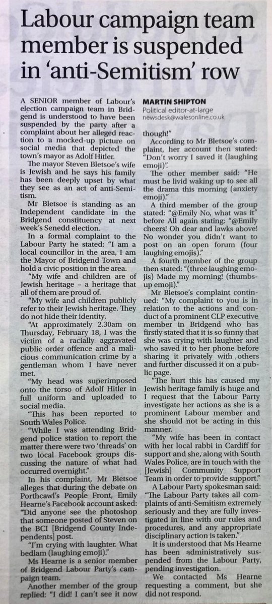FreyaSykes's tweet photo. I'm so sorry this happened your family. We were anti semetically abused by a senior member of @labour, she was only suspended after a journo pressed them on it. They were going to do nothing. She was #SarahMurphy MS for Bridgend's campaign team member &amp; she refused to condemn it> https://t.co/QAcjS8kB4G