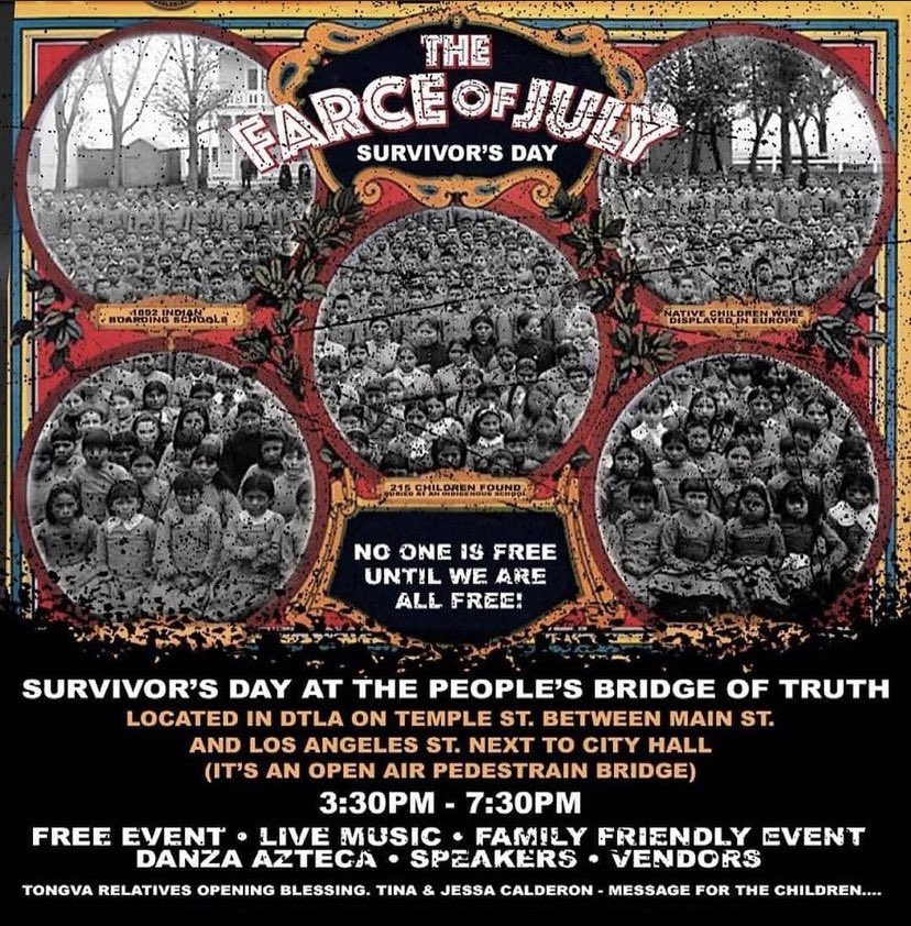 #LA City Hall. Today 3:30-7:30pm. The Farce of July. 

No one is free until we are all free! Survivor’s day at the People’s Bridge of Truth.

#LAprotests #NoPrideInGenocide #FightBack #LandBack