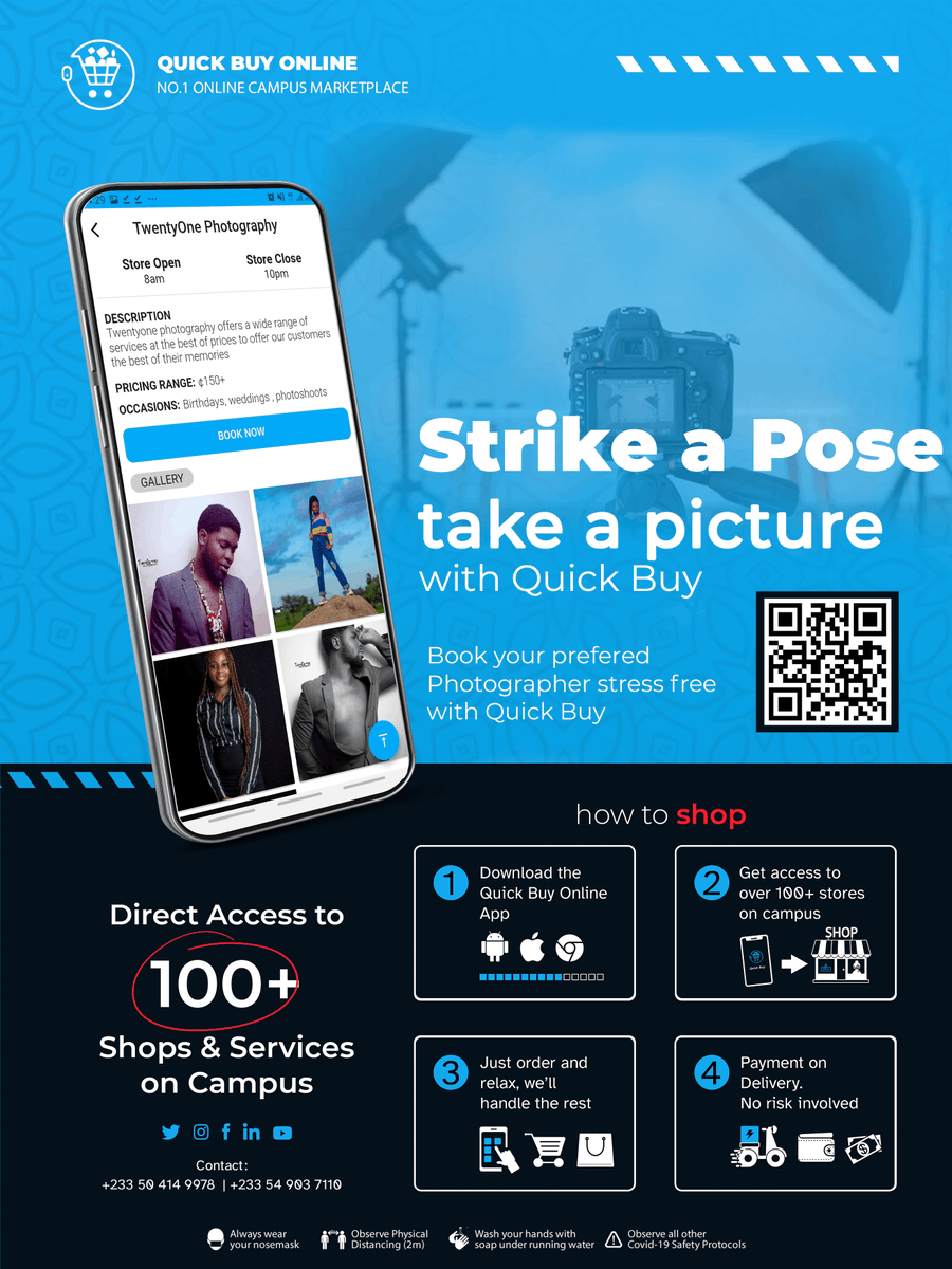 KNUST_Live's tweet photo. #Ad 

Say cheese, take a picture, strike a pose and take a picture with @quickbuy_online.

Book your preferred photographers stress-free with @quickbuy_online. 

Download the app on playstore &amp; App Store; https://t.co/xlQuOzA9Dc

#MadeInKNUST #startup #quickbuyonline #knust https://t.co/fc78wXUDyQ