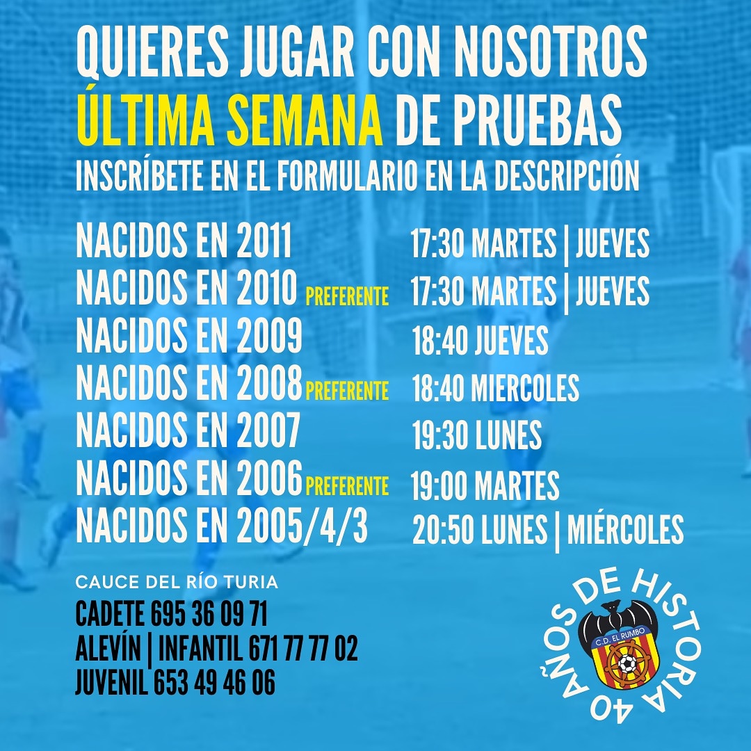Ven a probar esta última semana! Inscríbete en el formulario 

forms.gle/kTFMwAHbG16Gpm…

Se avecina una temporada ilusionante!!!💪🏼⚽💙

ALEVÍN PREFERENTE
INFANTIL PREFERENTE
CADETE PREFERENTE y 1a REGIONAL
JUVENIL 1a REGIONAL
AMATEUR 1a REGIONAL

#VamosRumbo🔵⚫