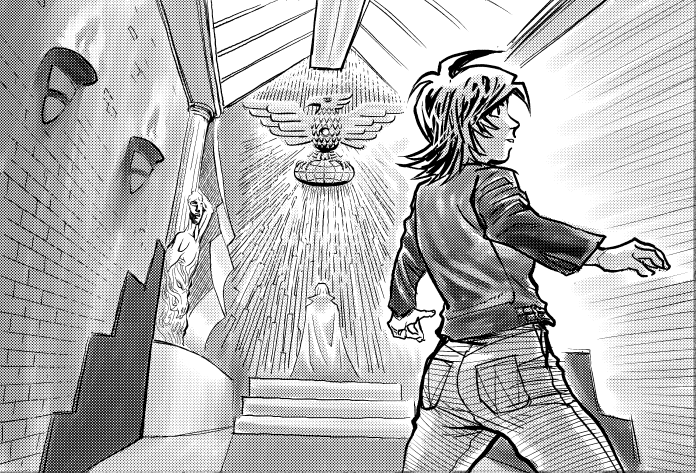 アジト潜入。
大きな問題点が二つ。
1. 考えていた通りのええ感じの秘密基地が描けていない
2. 考えた通りに描けてもあんまりええ感じの秘密基地がデザインできていない
秘密基地というより邪教の礼拝堂ってイメージではあるのだが……とかなんとか言いながらアップするのもどうかなんだけどw