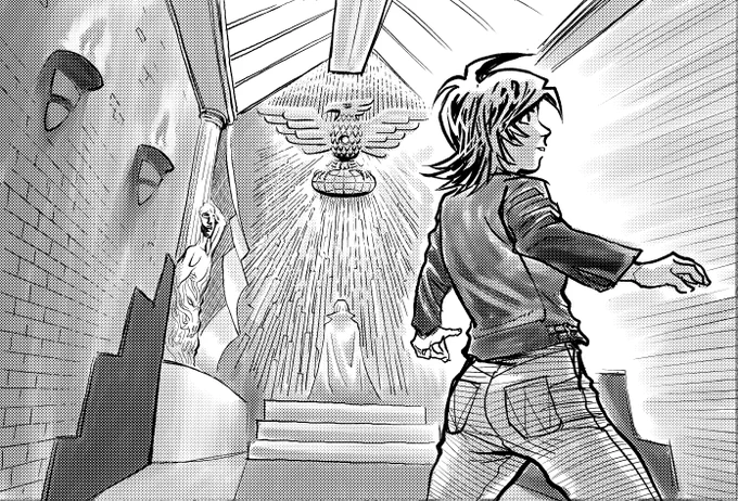 アジト潜入。
大きな問題点が二つ。

1. 考えていた通りのええ感じの秘密基地が描けていない
2. 考えた通りに描けてもあんまりええ感じの秘密基地がデザインできていない

秘密基地というより邪教の礼拝堂ってイメージではあるのだが……とかなんとか言いながらアップするのもどうかなんだけどw 