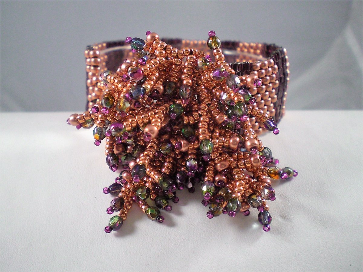 Starburst Flame Bracelet; Couture, Beadweaving, Copper tuppu.net/3852fe4 #MyNewTag #Instagram #Etsy #JazzyDazzleJewelry #BeadwovenJewelry