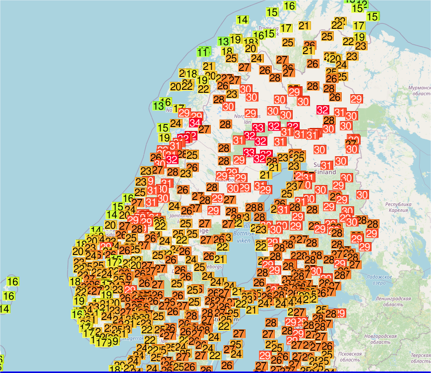 32°C ce dimanche à Sodankylä Tähtelä, la plus vieille station de Finlande, à 67.3°N, au delà du cercle polaire.
La station a ouvert en 1908 et ces 32°C sont à 0,1°C seulement du record absolu de chaleur. 
Il fera encore très chaud ce lundi en Laponie. Carte Ogimet 