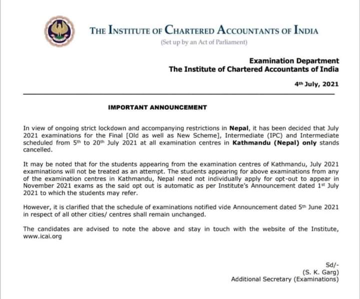 4e31a5fc71724b8's tweet photo. CA IPCC &amp; Final exam cancelled at Kathmandu centre. https://t.co/KWt2MjkIko