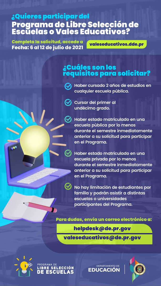 EDUCACIONPR's tweet photo. Para participar de los vales educativos para el año escolar 2021-2022, completa tu solicitud en línea.
Accede a: https://t.co/kiT6I0rpUO https://t.co/gdtCg9QaYH