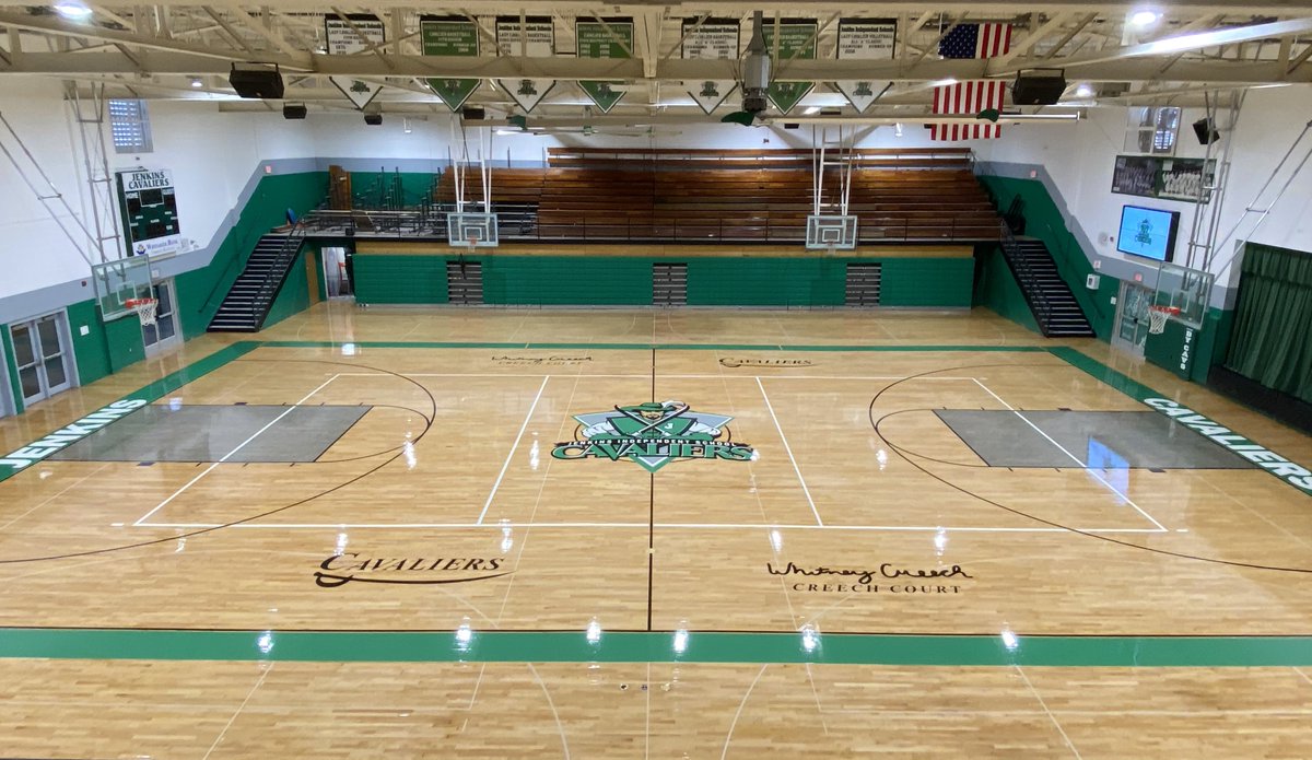 Jenkins_IND's tweet photo. Huge gym renovations are occurring!  New video board installed, bleacher replacement underway, and the newly branded Whitney Creech Court is now complete!  It's a great time to be a Cavalier! https://t.co/RKYGF3dhBr