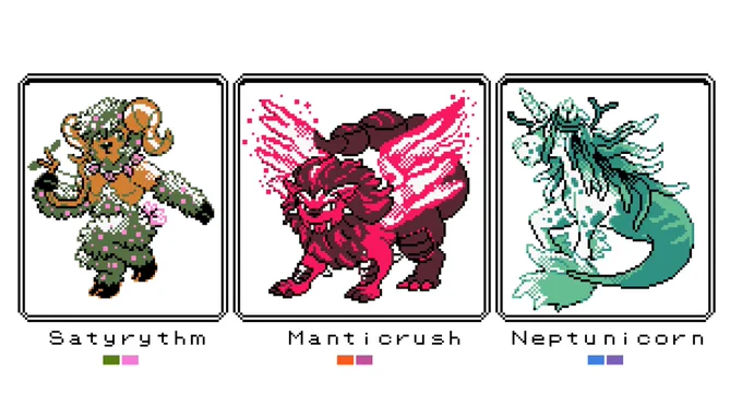 My set of fakemon starters are all grown up! Say hello to Satyrythm 🍃, Manticrush 🔥 and Neptunicorn 💧! Which one would you pick as your starter? 