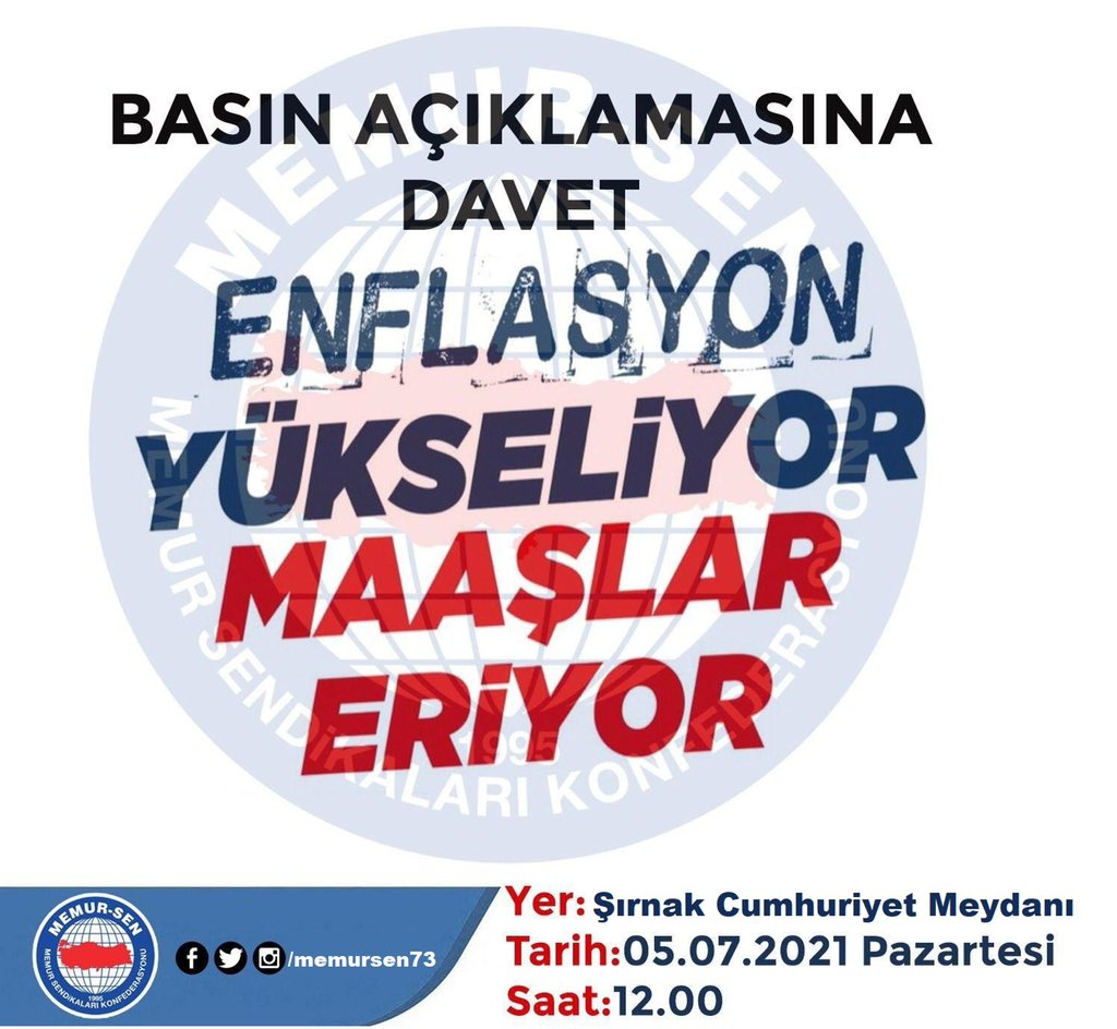Basın açıklamamıza davet

🗓 5 Temmuz 2021 Pazartesi 
 📌 Şırnak Cumhuriyet Meydanı
⏰ 12.00’de yapacağız.

Tüm memur ve memur emeklilerimizi destek vermeye davet ediyoruz.