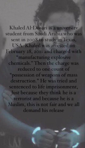 v__xi's tweet photo. @POTUS demand an appeal in khaled's case . We demand justice .  He is in prison for 9 years without justice in his  trial all official documents prove that he was a student and that he is not guilty! He is a person who needs justice without racism 🇸🇦 https://t.co/vrHFPswOV0