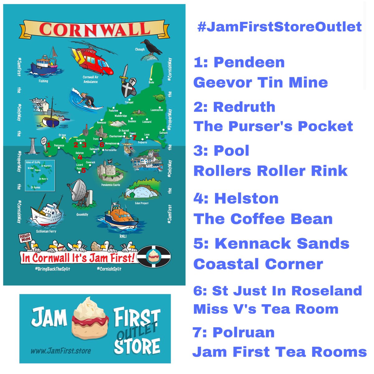 In #Cornwall this summer? Check out the #JamFirstStoreOutlet’s in #Pendeen #Redruth #Pool #Helston #KennackSands #StJustInRoseland and #Polruan. They are with #TeamJamFirst