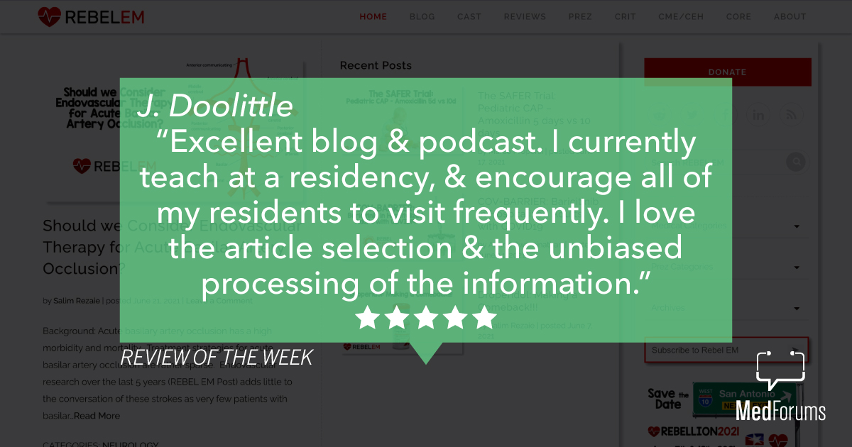 #ReviewoftheWeek goes to J. Doolittle, MD for their review of Rebel EM. <a href="/srrezaie/">Salim R. Rezaie, MD</a> #ROTW #MedStudentTwitter #FOAMed
ow.ly/L21N50FkhNi