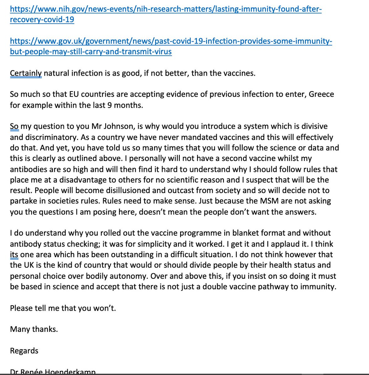 .<a href="/BorisJohnson/">Boris Johnson</a> .<a href="/sajidjavid/">Sajid Javid</a> I wrote to them. Following the science? If so, they won't give freedoms to 1 group of people for 3 data based reasons. Aside form it being discriminatory &amp; coercive. I have antibodies higher than most 2 vax people. Why should anyone be punished?#unfair
