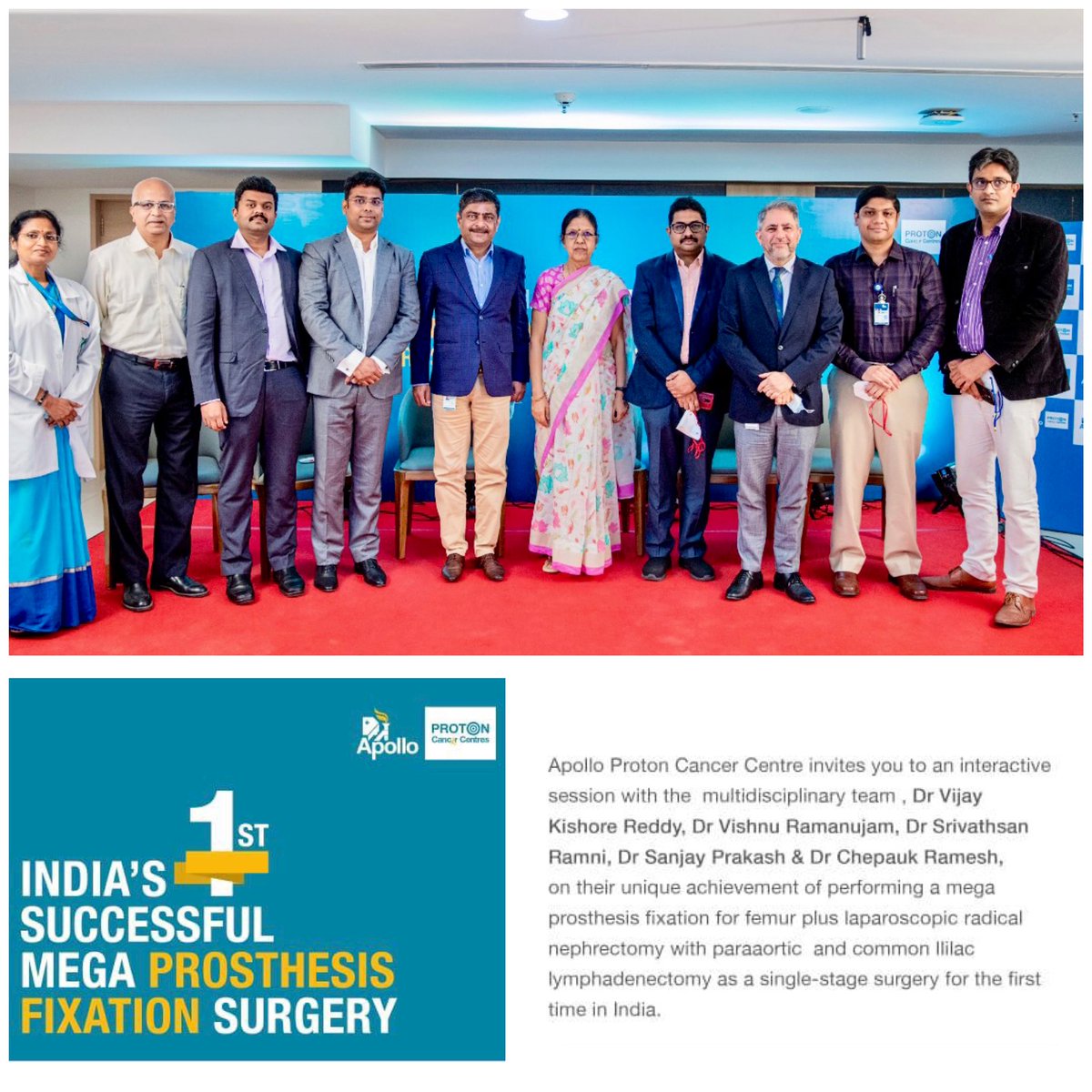 Proud to be part of India’s first Single Stage Laparoscopic Left Nephrectomy with Paraaortic and Common iliac Lymphadenectomy with Left Megaprosthesis fixation for femur in Apollo Proton Cancer Centre, Chennai. I immensely thank Dr Srivathsan Ramani for the opportunity.