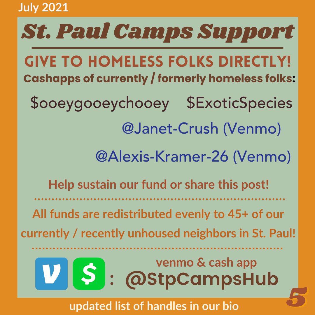 STPCampSupport's tweet photo. We encourage you to practice wealth redistribution as a form of mutual aid. 🧡 You can also give directly to our unhoused neighbors!

See below for some of their cash tags. This list can also be found in our growing document with updated handles: ( https://t.co/QJzJyZQvOi ) https://t.co/SfuBzPJW0y