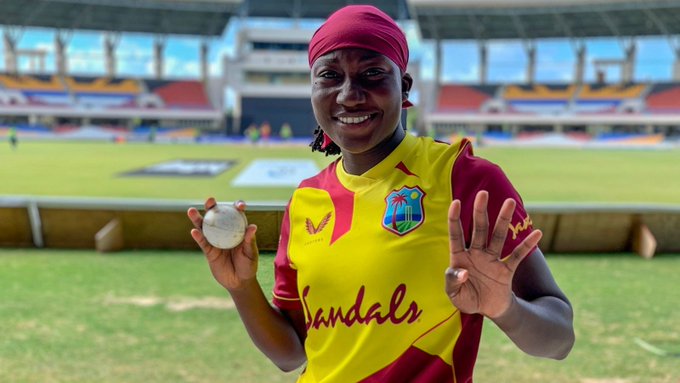 Stafanie Taylor registered her first hat-trick for West Indies and ended with figures of 4/17 (3.4 overs). PC: WindiesCricket / Twitter