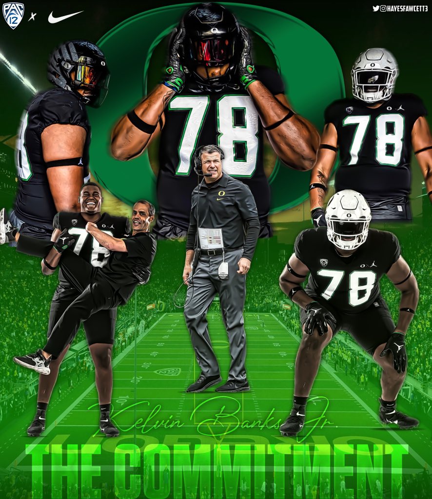 Hayesfawcett3's tweet photo. BREAKING: Five-Star OT Kelvin Banks Jr. has Committed to Oregon, he tells @On3Recruits

The #14 Player in the Class of 2022 chose the Ducks over Texas and Texas A&amp;M.

With the addition of Banks, Oregon jumps from #10 to #8 in the 2022 Team Rankings. https://t.co/WyjiG6nw2Y