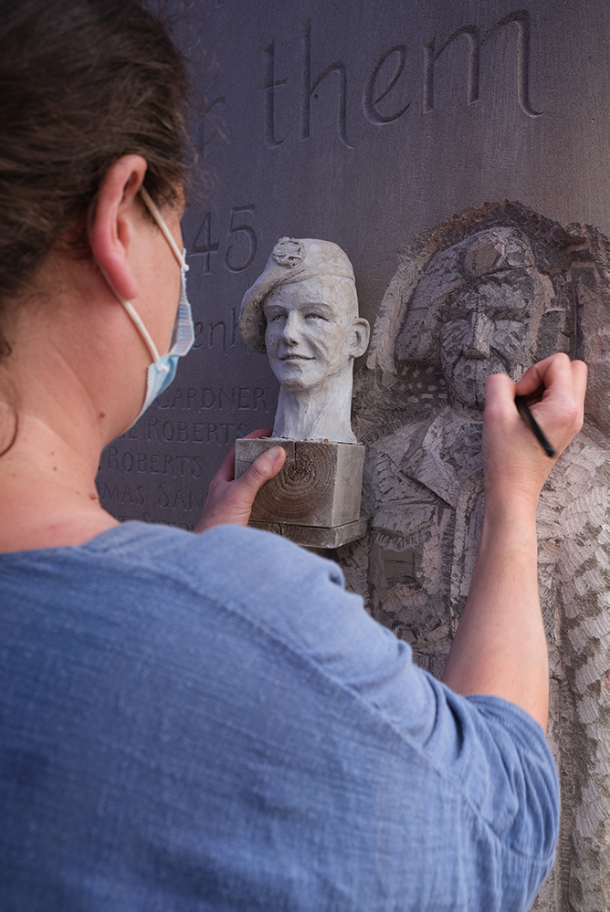 CarrieHorwood's tweet photo. I have been busy working on the portrait of Harold Edwards, he is the face of my WWII soldier. #TankRegiment #WWII This is the new war memorial for @MitcheldeanPC @kitchtweet @FoDStoneFirms @forestandwye @theforestbee @theforesternews #CatsEyeCarving @TaurusCrafts https://t.co/SkFw3rqvWm