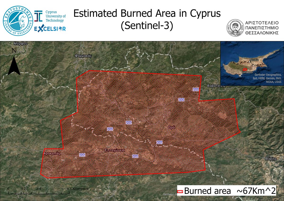 excelsior2020eu's tweet photo. First assessment by the Eratosthenes Centre of Excellence for the catastrophic fire in Cyprus. The Sentinel-3 low-resolution satellite imagery was used to estimate the burned area. The estimated burned area is 67 Km2. 
@CopernicusEMS @ERATOSTHENESCoE
@CyUniTech @mapro1993 https://t.co/p5zB5AYmBb