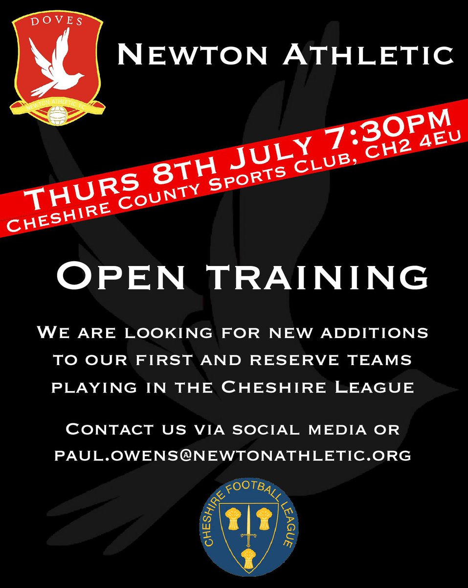 Newton Athletic (@newtonath_doves) on Twitter photo 2021/22 training starts on 8th July and we are looking for new additions to our first and reserve teams playing in <a href="/CheshireFL/">Cheshire Football League ⚽️</a>
<a href="/ShitChester/">12 years of Shitchester</a> <a href="/chestertweetsuk/">#chestertweets</a> <a href="/hooleandnewton/">Hoole & Newton</a> <a href="/Cheshire_FA/">Cheshire Football Association</a> <a href="/CheshireThe/">The Cheshire</a> <a href="/Dee1063/">Chester's Dee Radio</a> <a href="/AdamLangan4/">Adam Langan</a> 2021/22 training starts on 8th July and we are looking for new additions to our first and reserve teams playing in <a href="/CheshireFL/">Cheshire Football League ⚽️</a>
<a href="/ShitChester/">12 years of Shitchester</a> <a href="/chestertweetsuk/">#chestertweets</a> <a href="/hooleandnewton/">Hoole & Newton</a> <a href="/Cheshire_FA/">Cheshire Football Association</a> <a href="/CheshireThe/">The Cheshire</a> <a href="/Dee1063/">Chester's Dee Radio</a> <a href="/AdamLangan4/">Adam Langan</a>