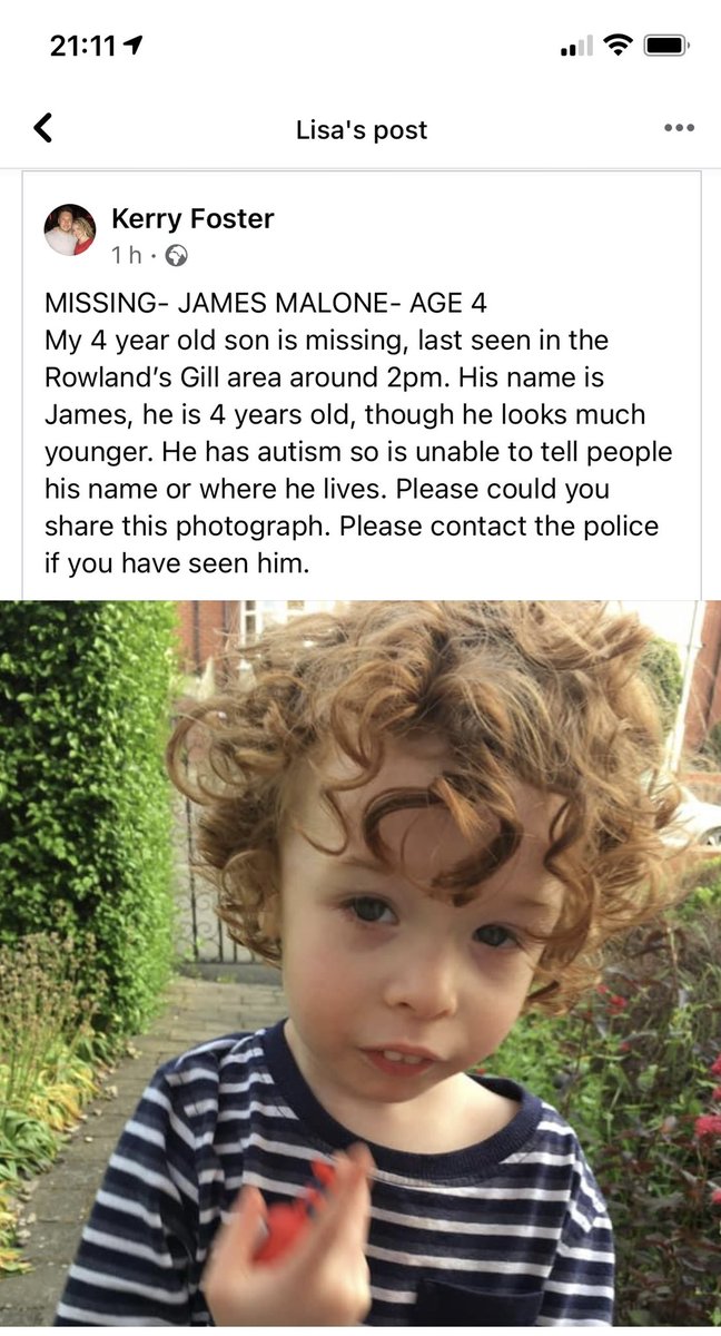 KateCushing2's tweet photo. Friend just shared this on FB. Little boy James Malone missing in Rowland’s Gill. https://t.co/ACFCk2UKnf