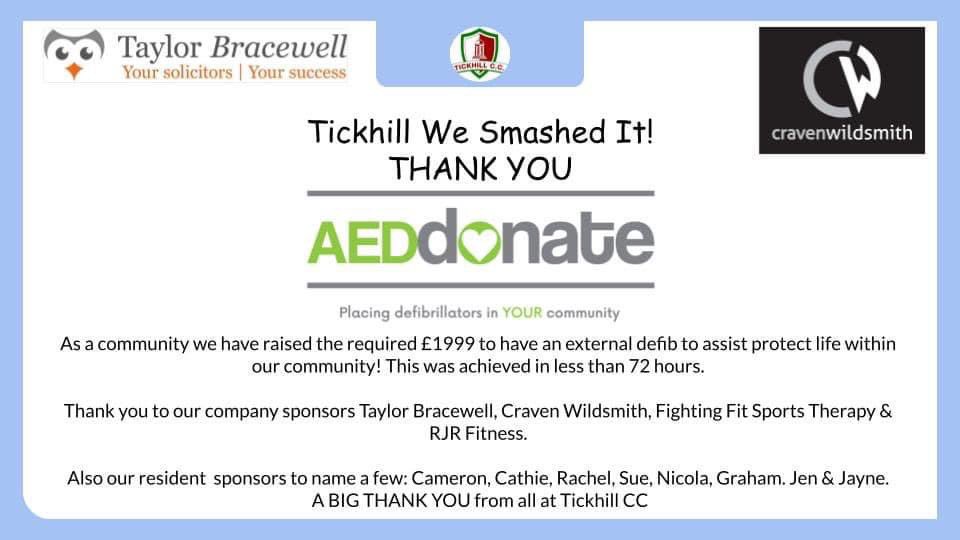 TickCricketWG's tweet photo. What a difference 72 hours makes. We now have the funds for an external AED @TickhillCClub! Thank you to our sponsors and community for raising funds for this life preserving equipment #community #tickhillisgreat https://t.co/s3OE5NaMjR