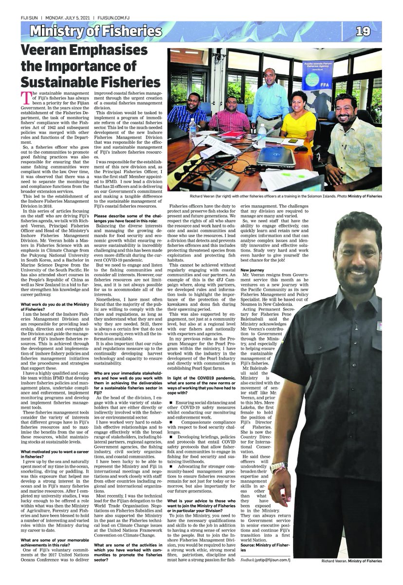 FisheriesOf's tweet photo. 📢Promoting the sustainable management of our fisheries is the top priority for Fisheries Officers, says Richard Veeran, Head of the Inshore Fisheries Management Division. Read the full interview in today’s Fiji Sun. https://t.co/Pmhj9R3h1C