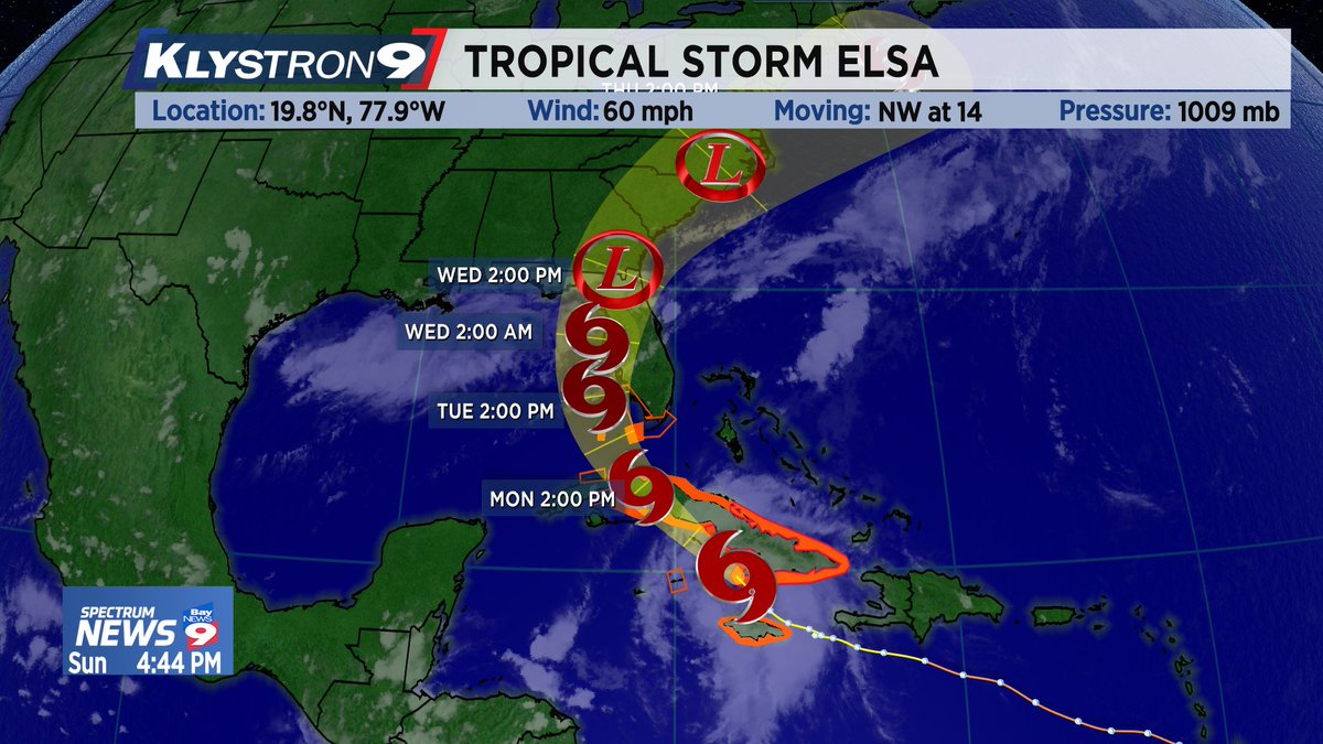 bn9weather's tweet photo. #Breaking: 5 PM SUN Advisory on Tropical Storm #Elsa.  A Tropical Storm Watch is posted for the West-Coast of Florida including #Tampa Bay. #flwx https://t.co/xT2bWEuM73