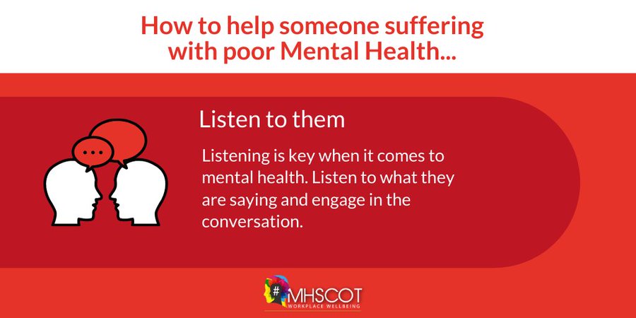 MHScot's tweet photo. A helpful way to support someone who is suffering with poor mental health is to ensure you listen to them. 

#Listening is key...
Listen to understand
Listen without judgement
🗣Take the time to engage.

#mentalhealthawareness #listening https://t.co/9Wpdl2G2JL