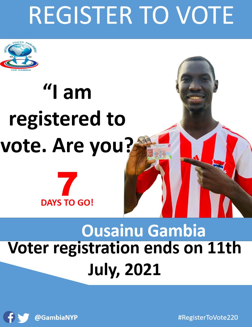 GambiaNYP's tweet photo. Ousainu Gambia is calling on eligible Gambians; especially young people to not hesitate to exercise their Constitutional right. He is urging them to #RegisterToVote220.
"Voting is both a right and a responsibility. Register now and get your voter's card." ~ Ousainu Gambia https://t.co/vPisoG9SMZ