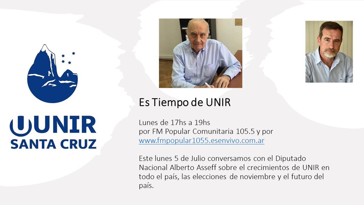 BavioDiego's tweet photo. Este lunes de 17 a 19. Es Tiempo de UNIR por FM Popular Comunitaria 105.5 de San Benito y por https://t.co/XXQK7mABmY con @DiputadoAsseff  conversando sobre el crecimiento de UNIR en todo el pais, las elecciones y el futuro de la República Argentina.

@DifusionUnir https://t.co/Mc6xu7yYuf