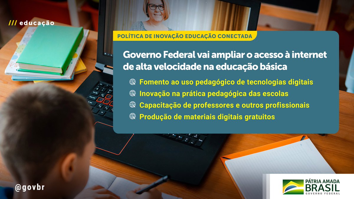 govbr's tweet image. Foi publicada no Diário Oficial da União desta sexta-feira (2) a Política de Inovação Educação Conectada (Piec), que busca difundir a universalização do acesso à internet em alta velocidade e fomentar o uso pedagógico de tecnologias digitais na educação básica.