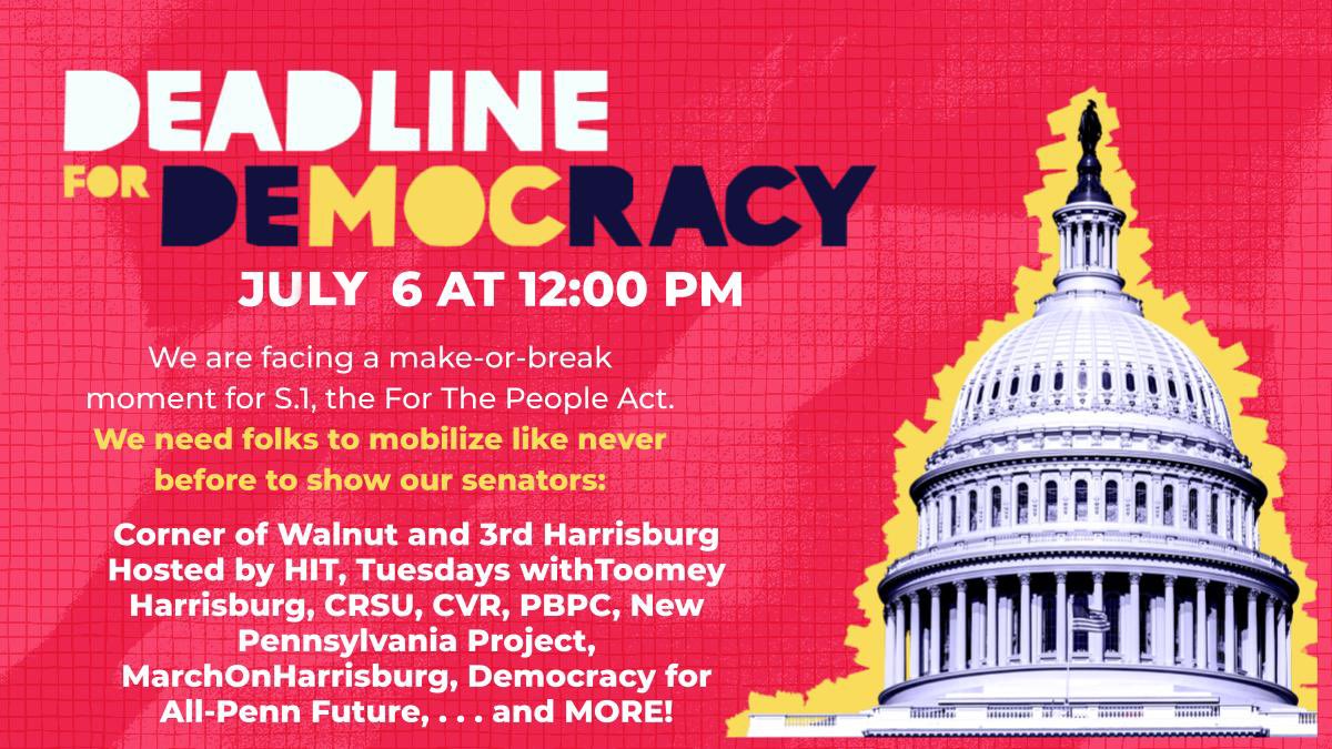 TuesToomeyHBG's tweet photo. Now is the time to fight for your/ our right to vote!

Tuesday, July 6
Harrisburg, Pa
Capitol steps @ 3rd and Walnut ( Strawberry Square)

#DeadlineforDemocracy @TuesdaysToomey @CVRising https://t.co/qmXQ9j0LVy