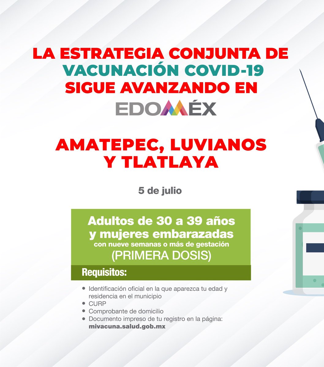 alfredodelmazo's tweet photo. El día de mañana 5 de julio estaremos aplicando la primera dosis a los adultos de 30 a 39 años y mujeres embarazadas en #Amatepec, #Luvianos y #Tlatlaya. #EstrategiaDeVacunación https://t.co/zTzL7flWhD