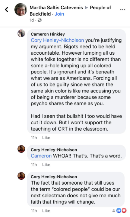 realMGHein's tweet photo. Last month, @armdrenegade was elected to the Buckfield (Maine) Select Board.

6 years ago, Hinkley defended the confederate flag. 6 weeks ago, he casually used "colored people" on facebook.

#mepolitics @dattmaigle @SteveCollinsSJ @sunjournal @AdvDem @OutMaineRacists @MaineFuture https://t.co/M0v5czDg07