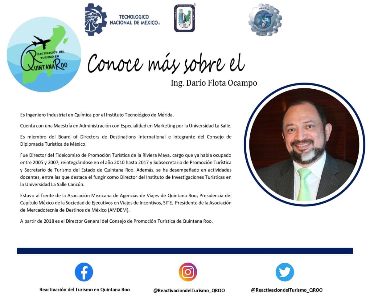 🔹Conoce más sobre nuestro ponente el Ing. Darío Flota Ocampo <a href="/DarioFlota/">Dario Flota Ocampo</a> quien nos acompañará este 6 de julio a partir de las 10 am en nuestro evento Ciclo de Conferencias "Reactivación del Turismo en Quintana Roo" 🔹
📲bit.ly/Reactivacionde…
