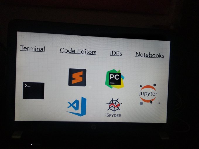 prudent_charly's tweet photo. Python Dev Tools :

Terminal
Code Editor 
IDEs
NOTEBOOKS

#python #code #zerotomastery #challenge #basic #newprogramming #codepython https://t.co/MCn7cR8LRQ