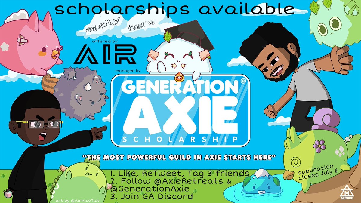 ♾2 SCHOLARSHIPS AVAILABLE♾
🔷️Offered by @AxieRetreat #AIR22 
🔷️Managed by @GenerationAxie 🔷️
🔷️To Apply:             #AxieInfinity 🎮
1. Follow both ⬆️ + <a href="/AxieInfinity/">Axie Infinity</a>
2. Like, ReTweet, Tag 3 friends.🎮
3. Join the GA Discord: ♾🔷️♾🎮 discord.gg/YyYyfeBZDq 🎮