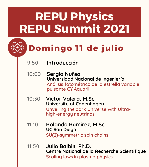 REPUProgram's tweet photo. ¡Te esperamos el domingo 11/07 para el día de #REPUphysics! Se discutirán temas como análisis fotométrico, neutrinos, física de plasma ¡y más! También, tendremos un panel especial para postulación a programas de posgrado.
Inscripciones: https://t.co/6ukLCy4BrK
#REPUsummit https://t.co/4uyvAqPczd