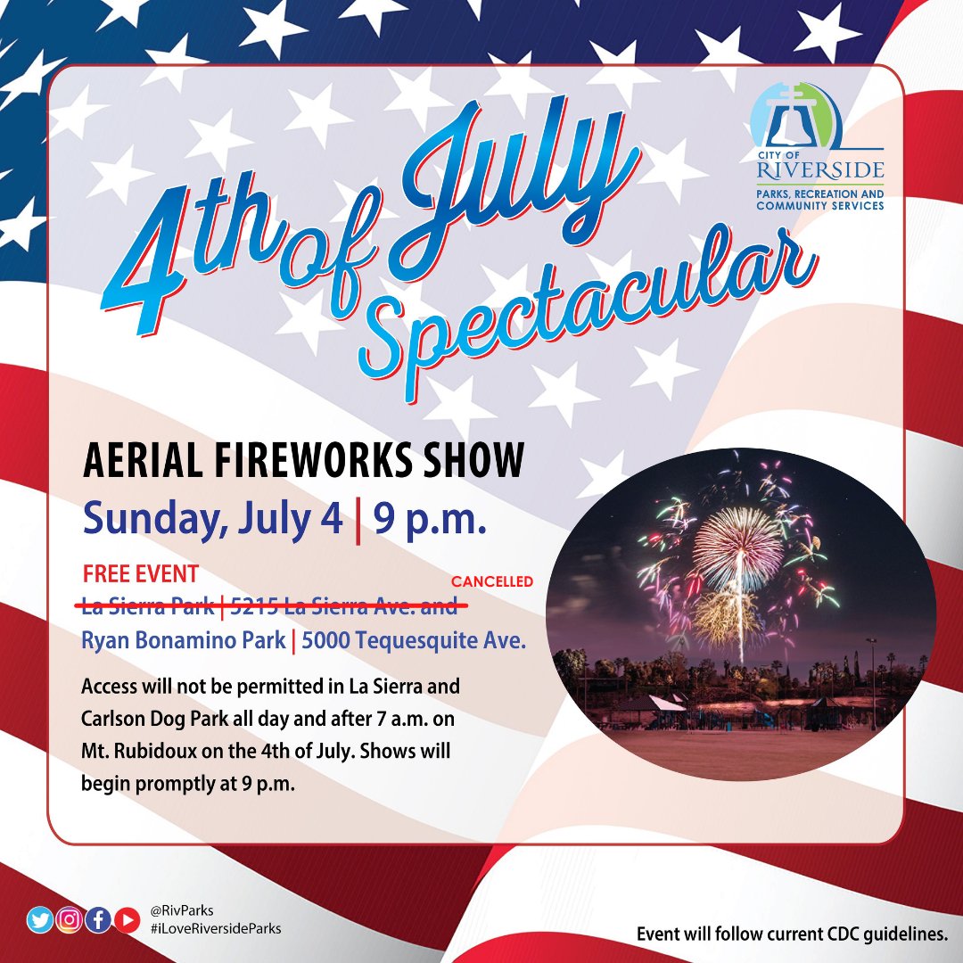 riversidecagov's tweet photo. We regret to inform you that due to unforeseen circumstances, the Fireworks Show at La Sierra Park is cancelled. We sincerely apologize for the inconvenience.

https://t.co/32fYm1qDRH https://t.co/B7kSSCs6Ia