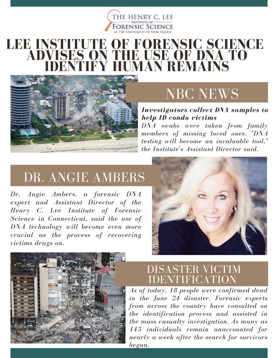LeeForensicInst's tweet photo. Dr. Angie Ambers, Assistant Director and Professor at the Henry C. Lee Institute of Forensic Science, provides strong insight on DNA Identification and Disaster Victim Identification, after four buildings collapsed in Florida! 
#forensicscience #disastervictimidentification #dna https://t.co/pxOWM4zSol
