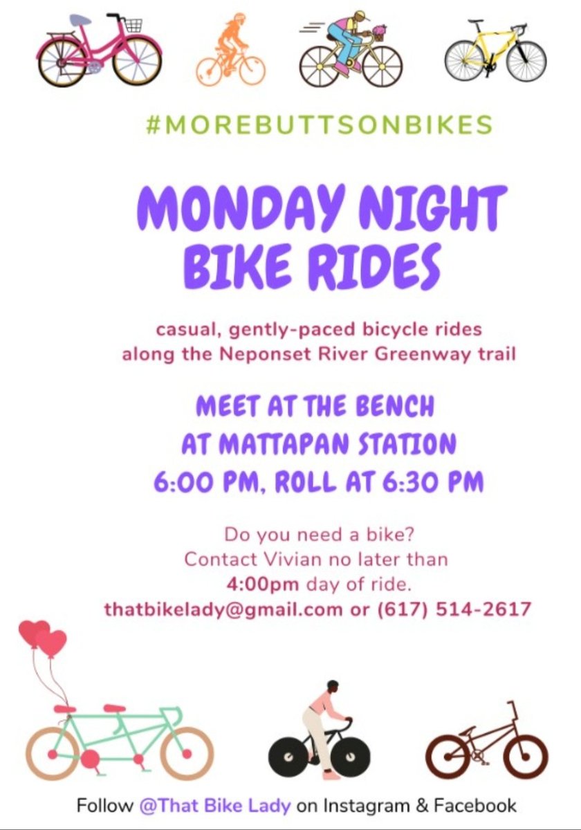 mattapanviv's tweet photo. After weeks of uncomfortable heat or drizzle, it looks like we'll be back on track for tomorrow's ride.  Take a sec and register here:  https://t.co/d5tK7fzjW3
If you need a bike, text or DM by 4pm. 🚲💜 https://t.co/NDxvGgZTzV