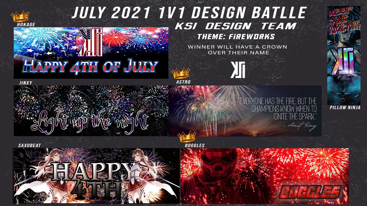KSIGraphics's tweet image. Happy 4th of July! 🎆

Here are our results of our July Fireworks themed Design Battle!!

Congratulations to our winners: Hokage, AstroFizystx, and Boggles!!