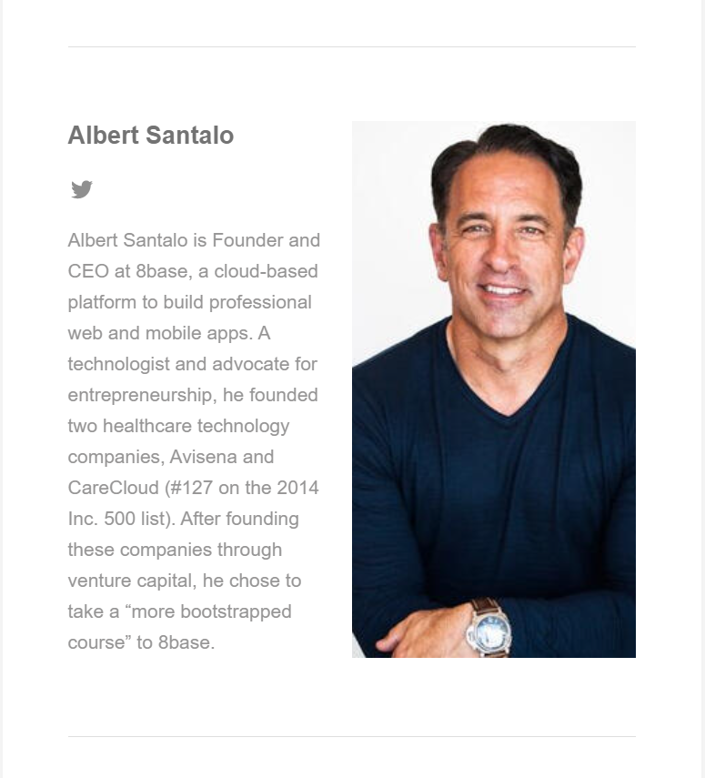 hackerbrews's tweet image. Today&apos;s indie hacker of the day is @AlbertSantalo, Founder and CEO at @8base